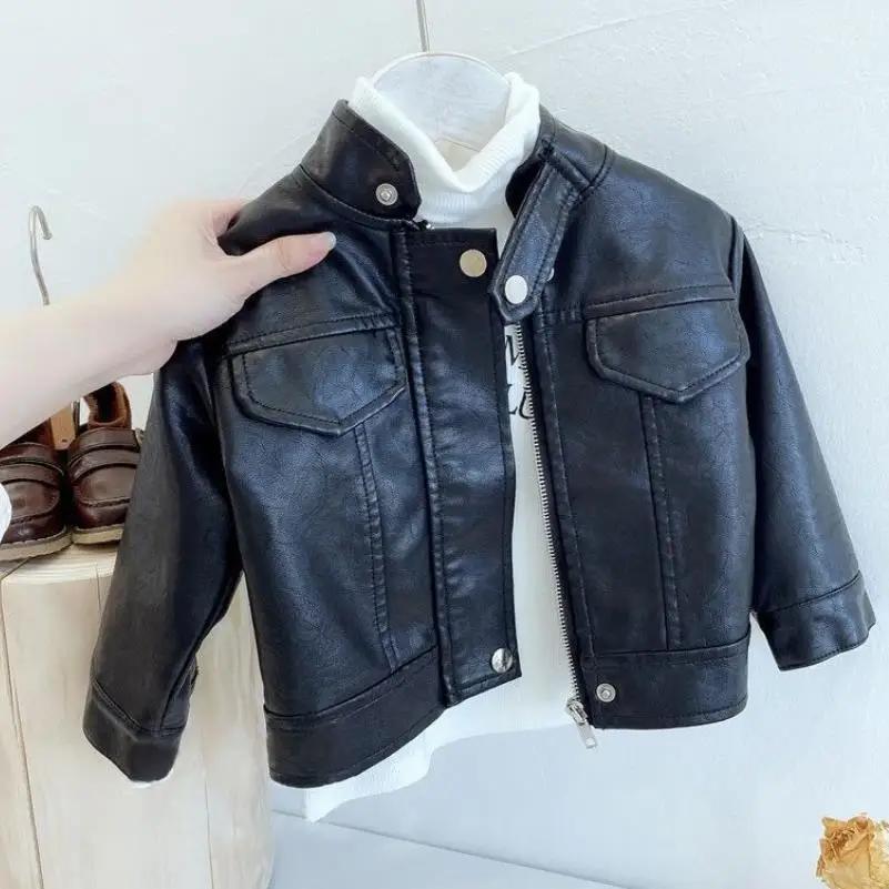 Veste en cuir coréen pour enfants printemps automne veste en cuir PU à col montant pour fille veste