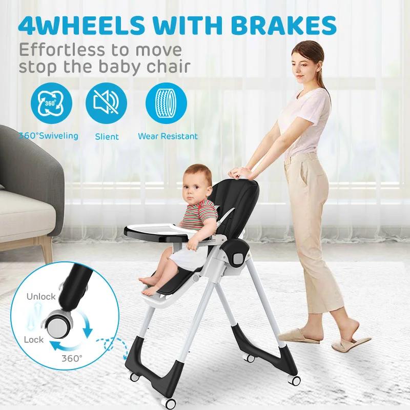 Chaise haute pour bébé Sejoy réglable avec harnais 5 points, plateau à 3 niveaux et roulettes, certi