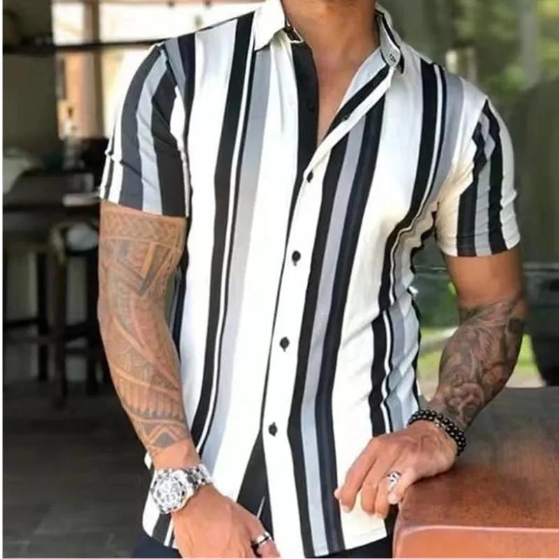 Nouveaux hommes chemises mode rayures imprimer à manches courtes t-shirts été hauts hommes col rabat