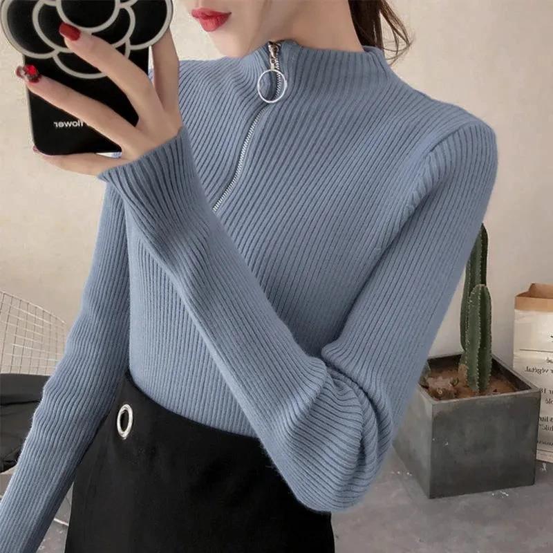Tricoté femmes fermeture éclair demi col haut Pull pulls automne hiver basique femmes chandails minc