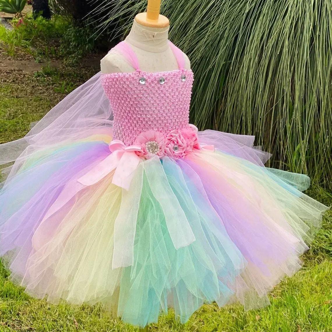 Robe de fée papillon Pastel pour filles, Tutu à fleurs avec aile et bâton, tenue avec nœud de cheveu