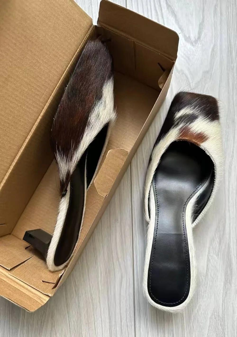 Sandales mules à bout carré imprimé vache, style western, avec fourrure de luxe et talon carré, pour