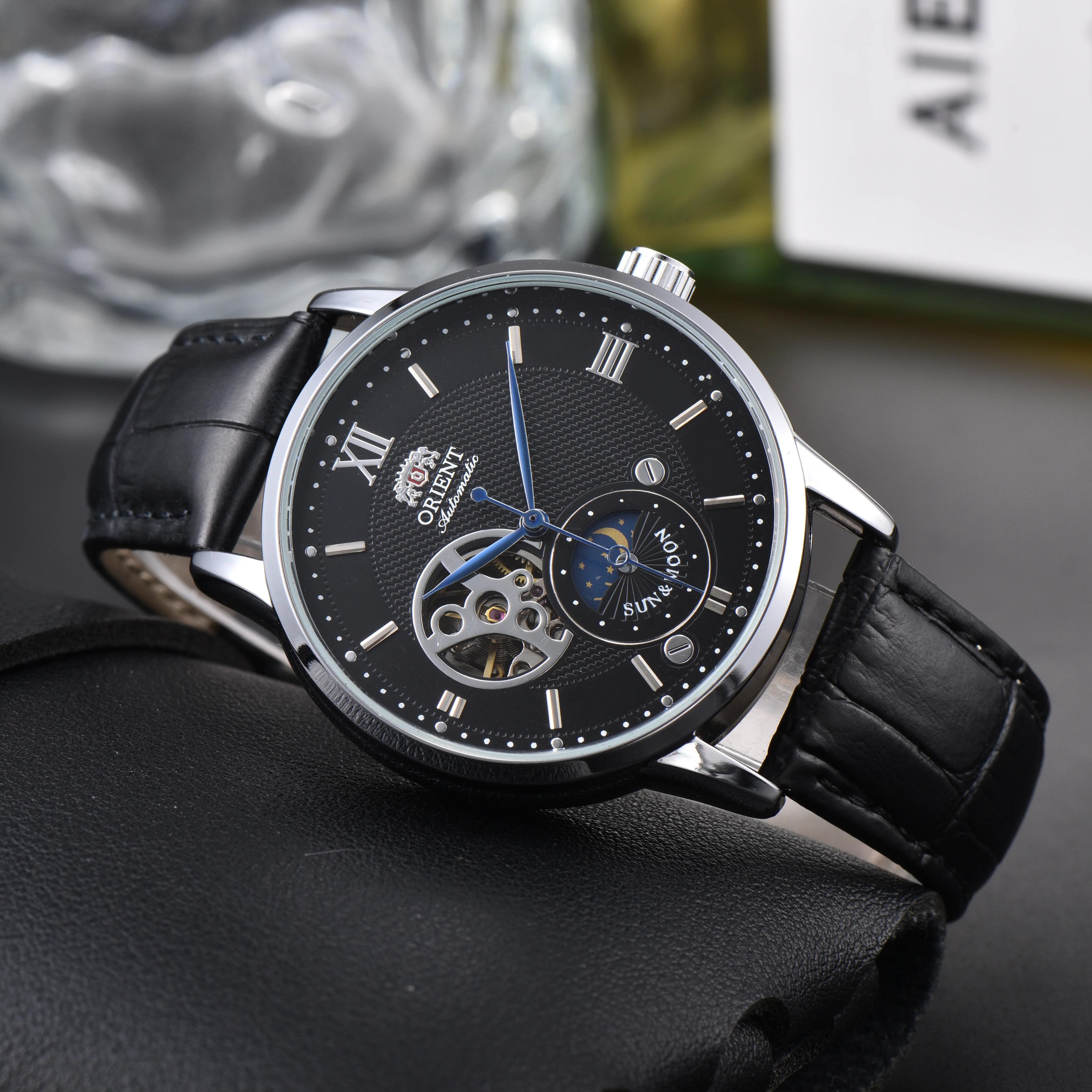 Orient Sun & Moon – montre automatique semi-squelette pour hommes, cadran blanc, bracelet en cuir no