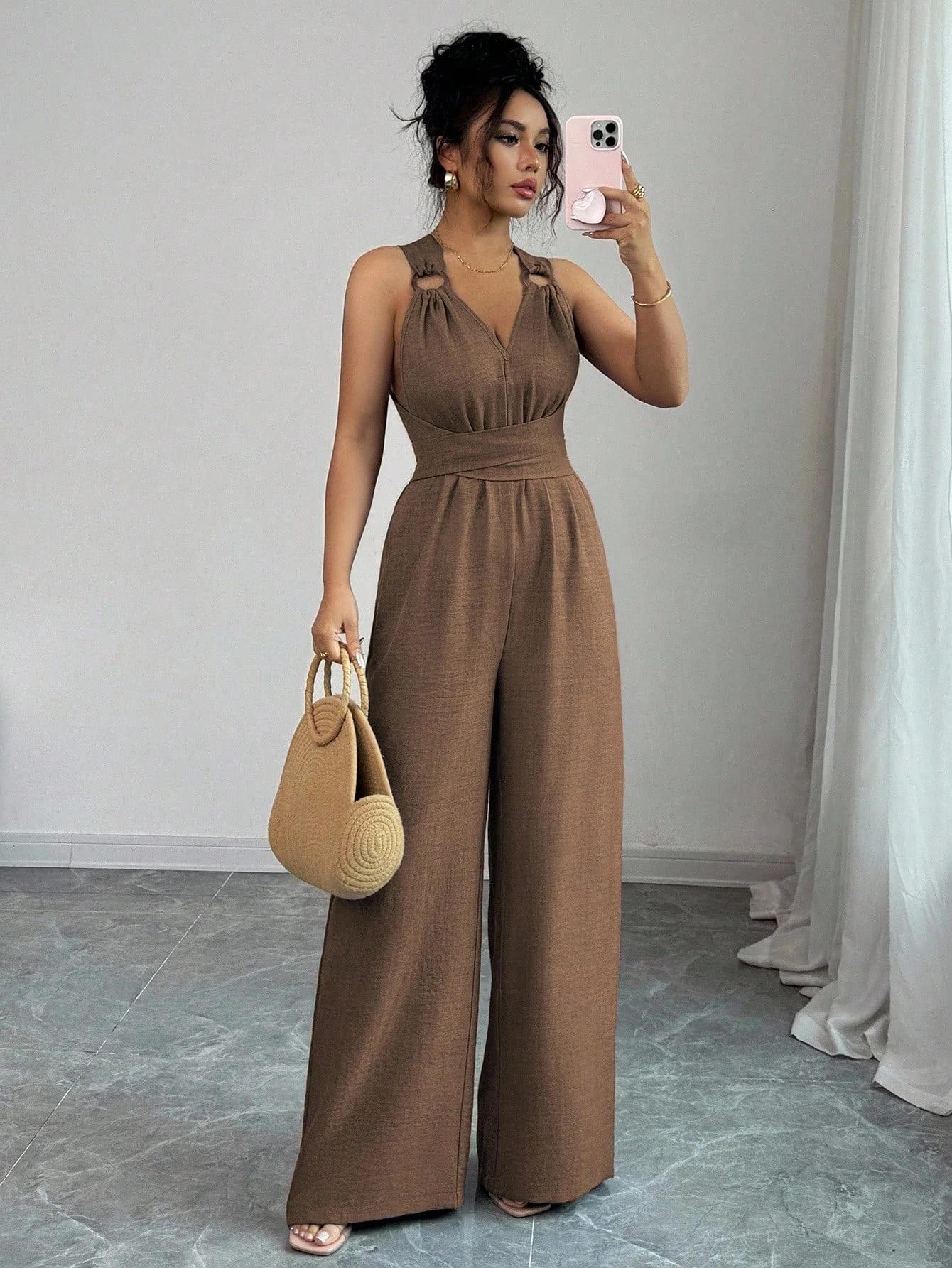 Combinaison femme col en v cravate taille large tenue d'été décontractée Style Madeleine été marron