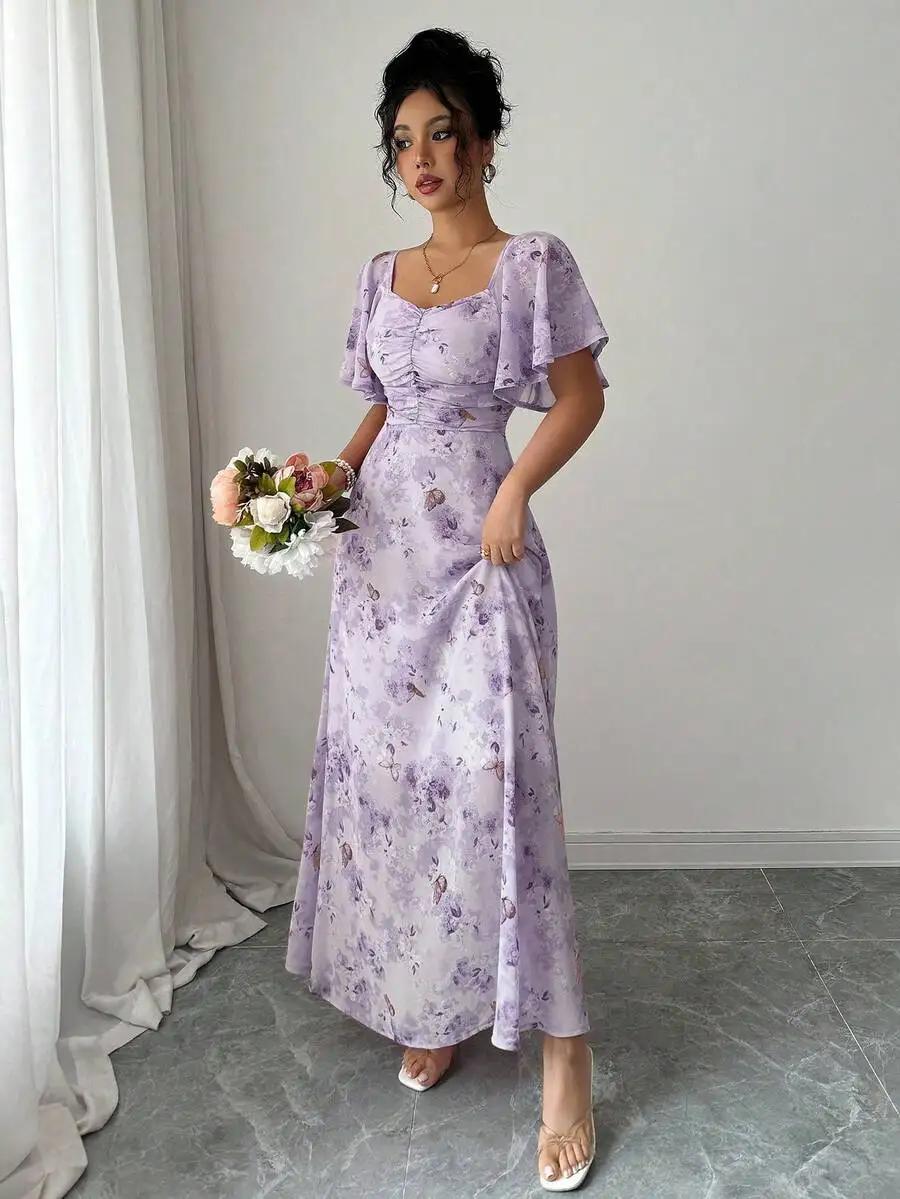 Mini robe de style français pour femmes, avec imprimé papillon violet, manches chauve-souris et ferm