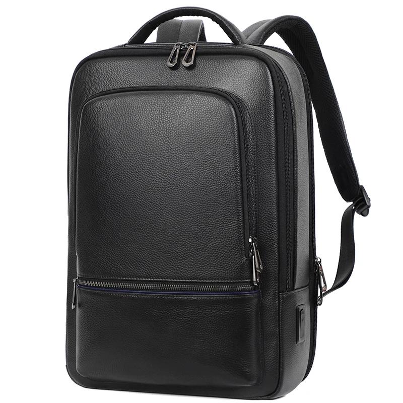 100% cuir de vache naturel 15.6 pouces sac à dos pour ordinateur portable hommes USB sac à dos en cu