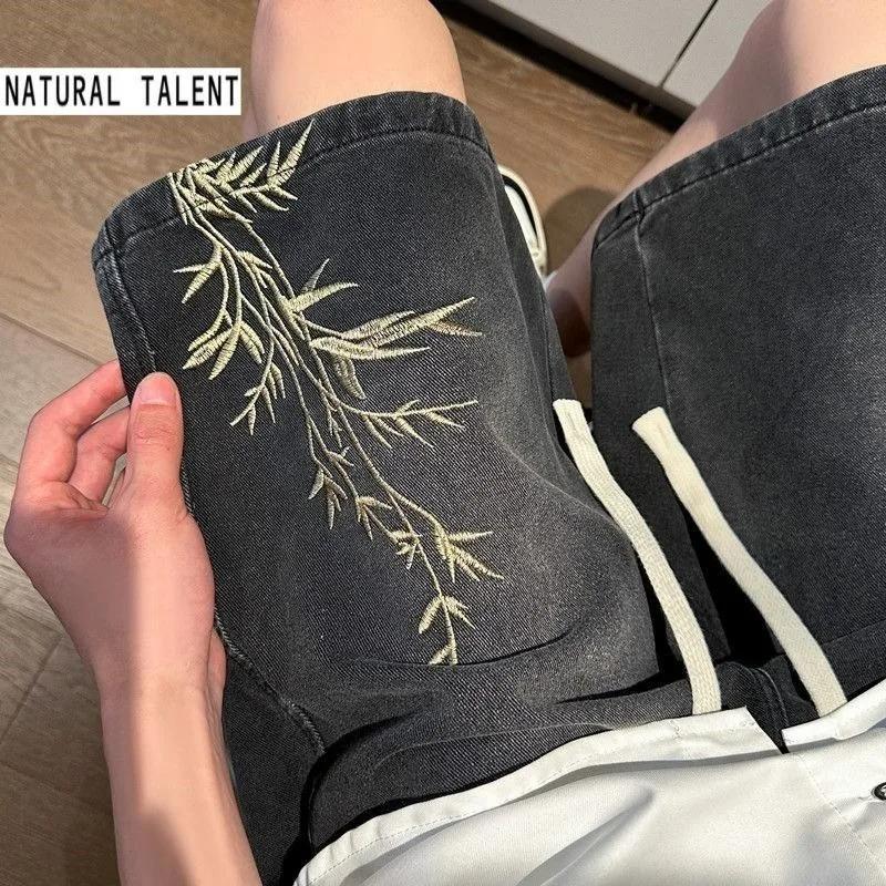 Shorts en jean brodés style chinois rétro délavé pour homme, nouvelle collection été 2026, coupe amp
