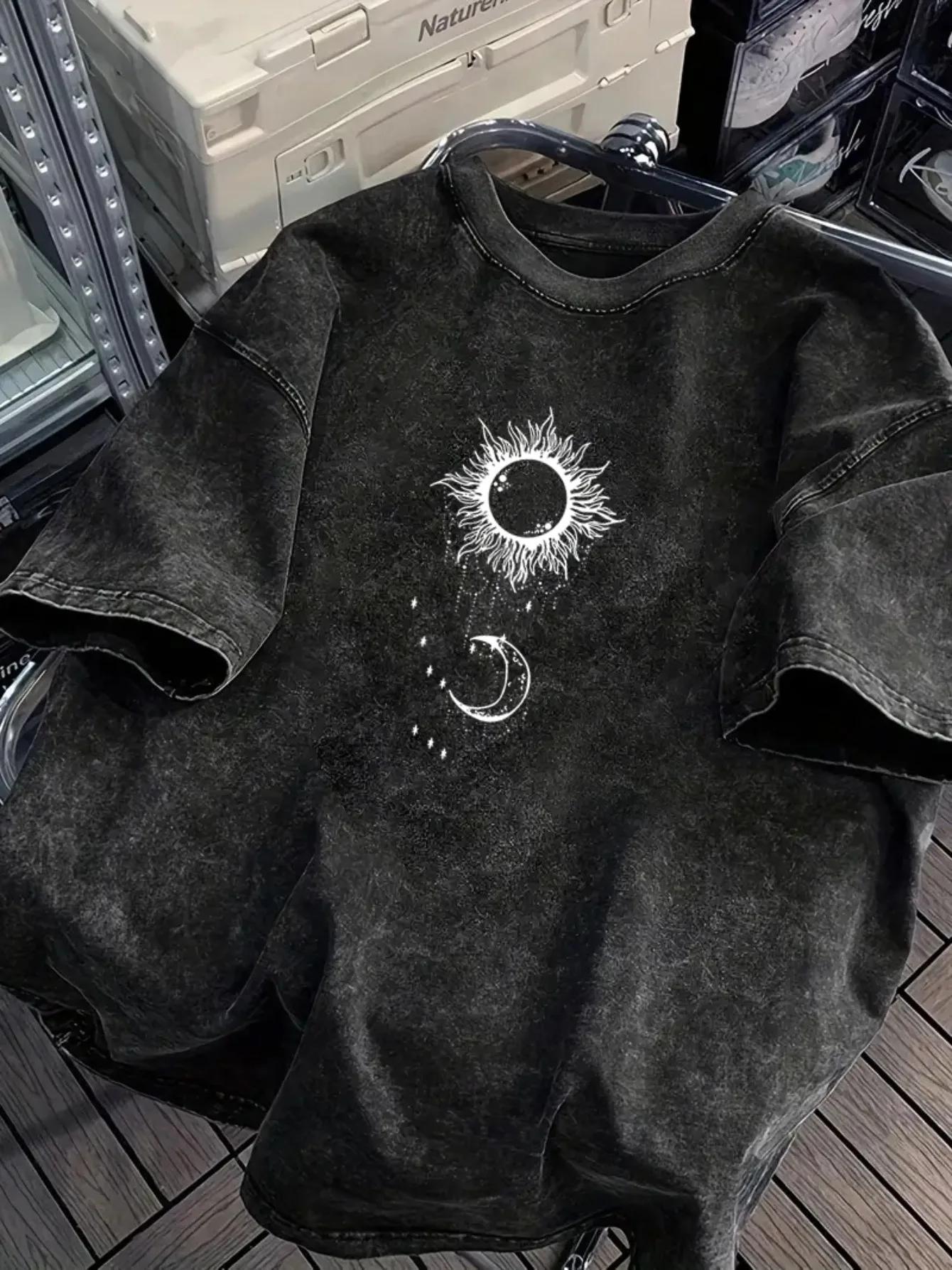 T-shirt d'été décontracté pour hommes, coupe ample, rétro, noir délavé, à manches courtes, motif imp