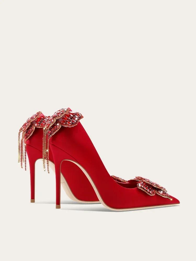 Chaussures à talons hauts pour femmes, chaussures de mariage à la mode avec pompon papillon rouge ch