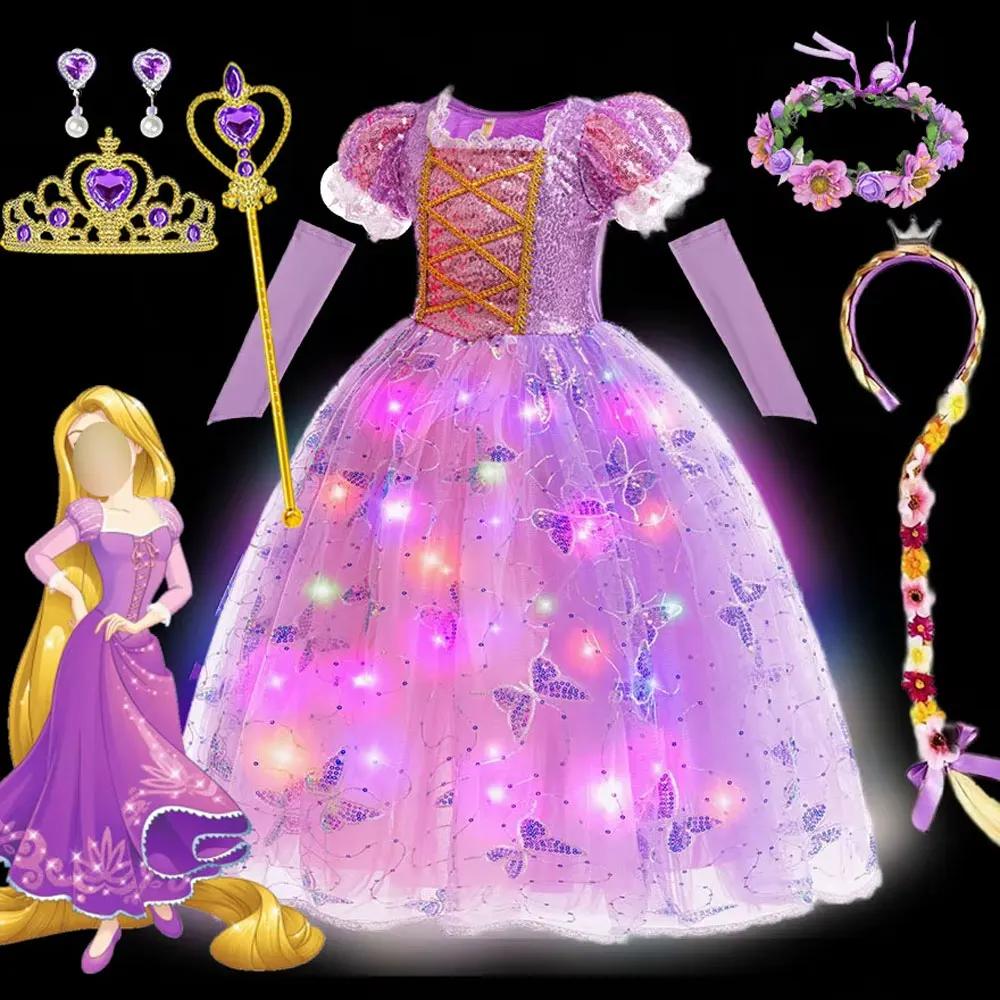 Robe princesse Rapunzel lumineuse LED 2026 - Robe de bal Noël cosplay Tangled petite fille