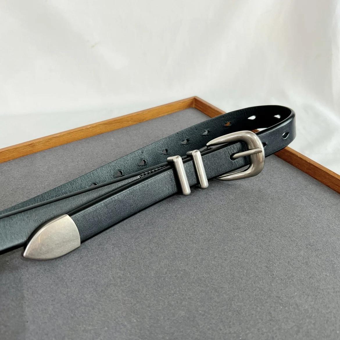 Ceinture Vintage en cuir de vache pour hommes et femmes, argent et noir, boucle, 125cm