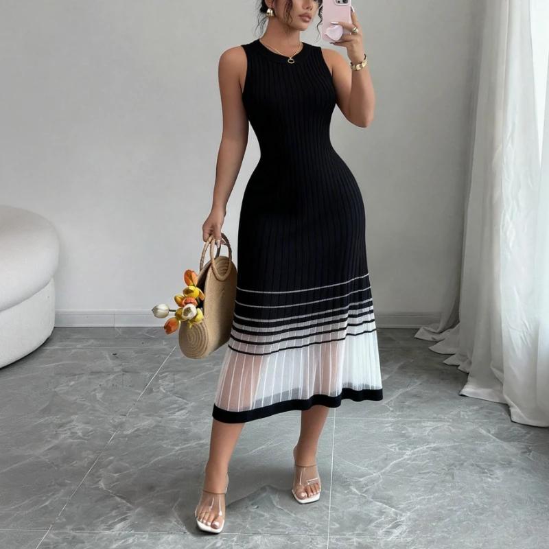 Robe midi décontractée pour femme, sans manches, col rond, en maille élastique, avec ourlet transpar