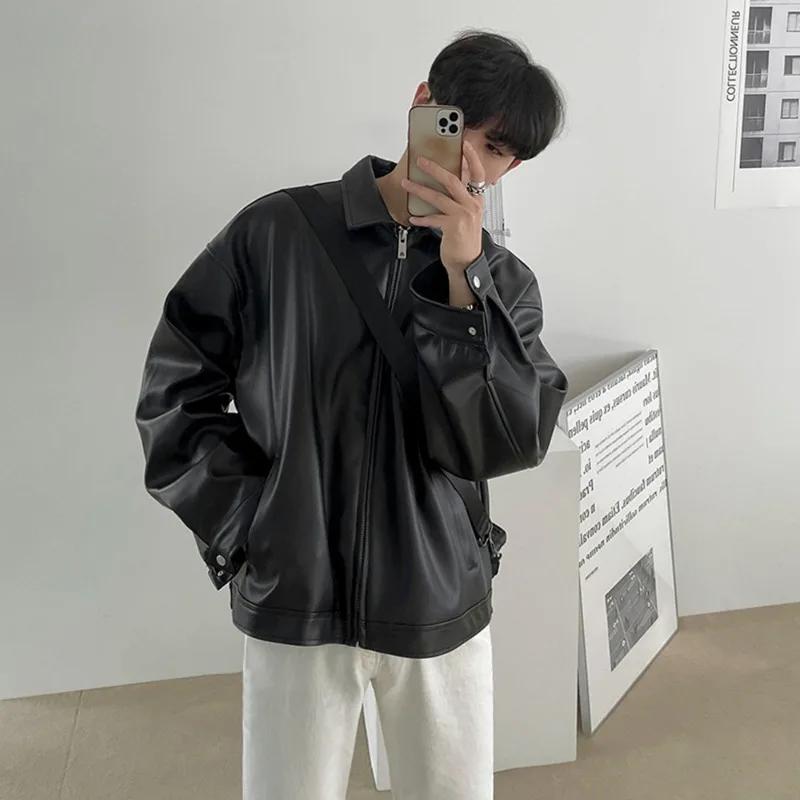 Veste en cuir PU noir surdimensionnée, col zippé, veste pour homme, style coréen, veste bomber décon