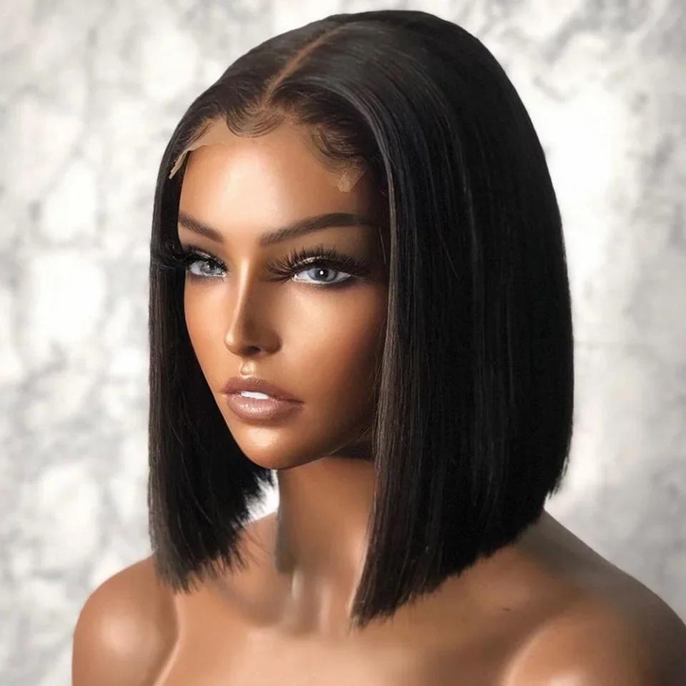 Perruque Bob Lace Wig Remy Brésilienne Naturelle, Cheveux Lisses, Partie T, Sophia, Courte, 4 Pièces