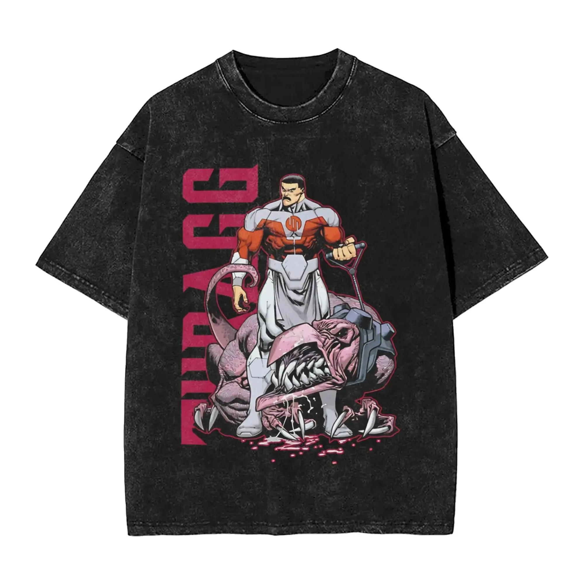 T-shirt unisexe oversize en coton, style streetwear, imprimé manga invincible américain, effet délav