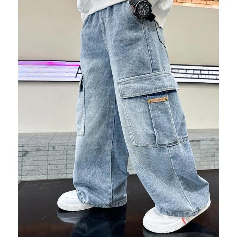 Pantalons cargo en denim pour garçons, mode printemps-automne, jeans décontractés pour enfants et ad