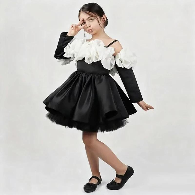 Robe bouffante à manches longues pour filles, robe de princesse noire à bretelles Spaghetti, Costume