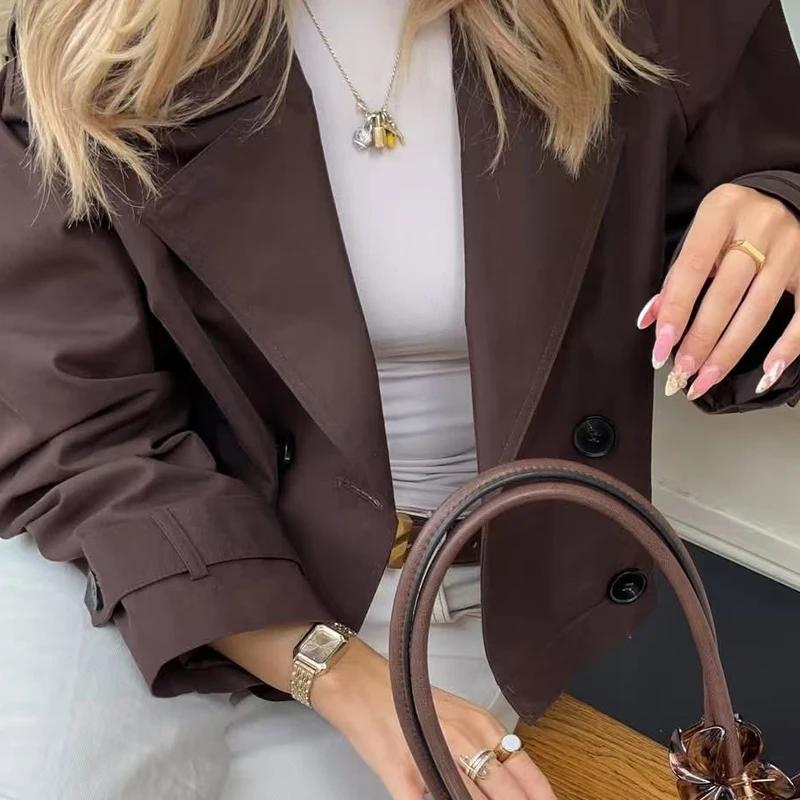 HXAO – Trench-Coat court marron chocolat pour femme, manteaux surdimensionnés à manches longues, ves