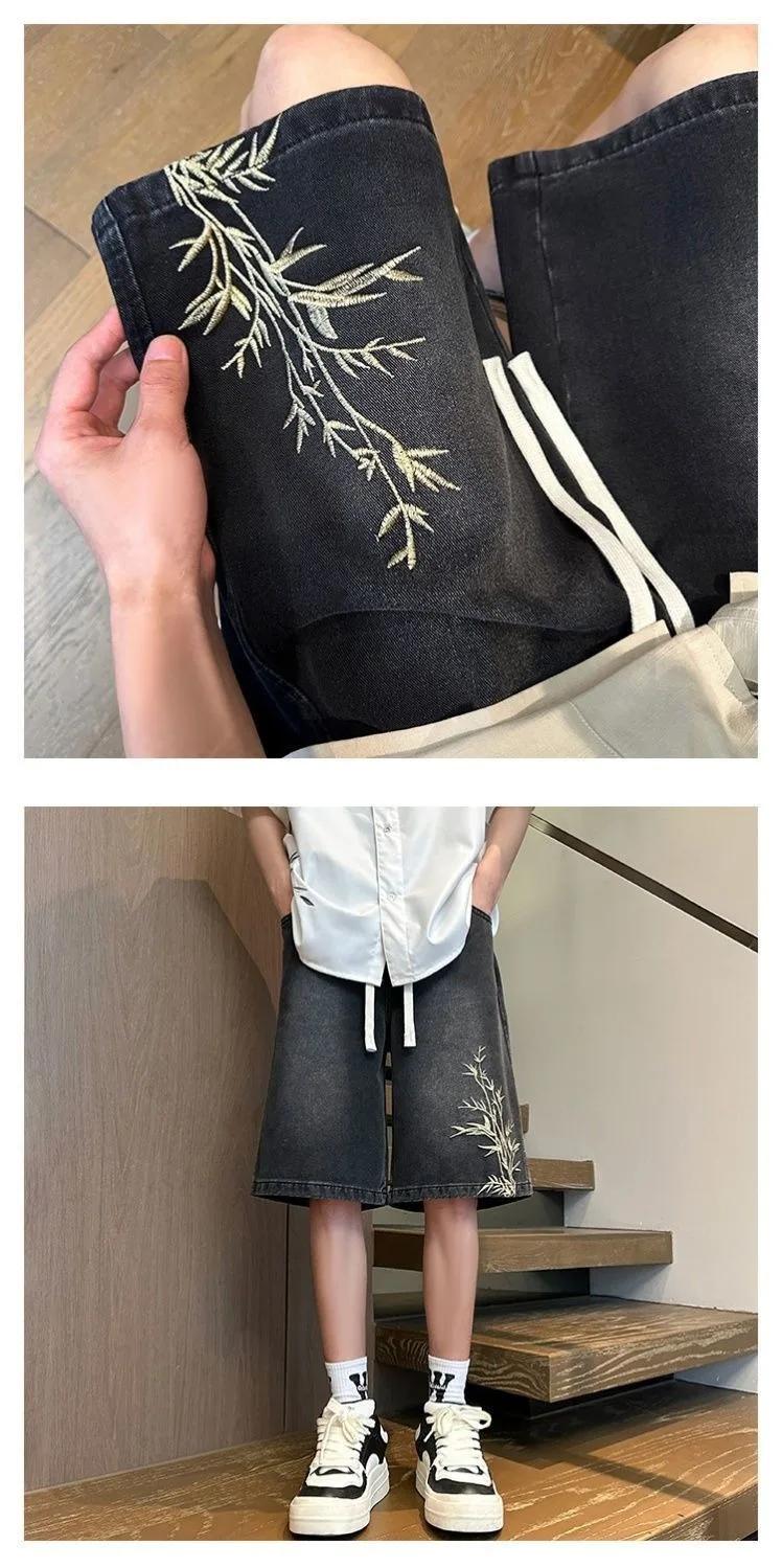 Shorts en jean brodés style chinois rétro délavé pour homme, nouvelle collection été 2026, coupe amp
