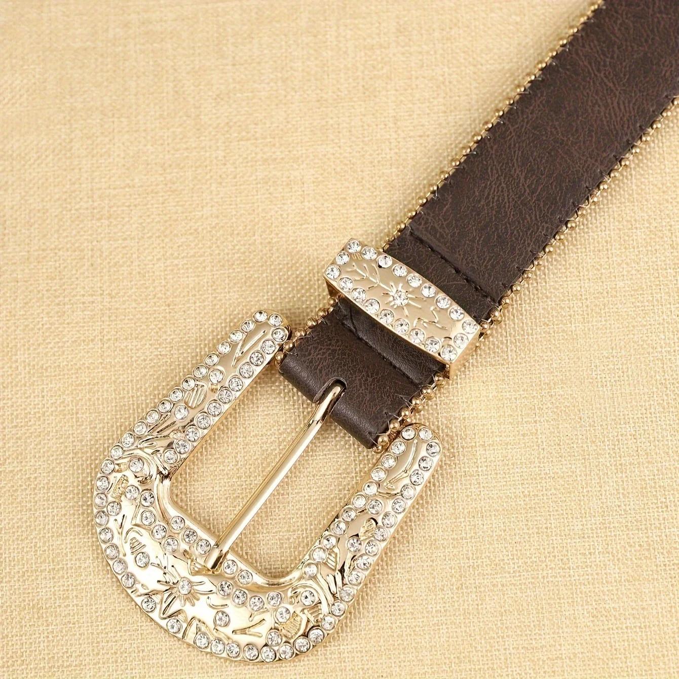 Ceinture en cuir PU marron pour femmes, 1 pièce, avec chaîne perlée bleu cobalt, ceinture en cuir de