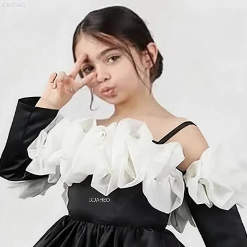 Robe bouffante à manches longues pour filles, robe de princesse noire à bretelles Spaghetti, Costume