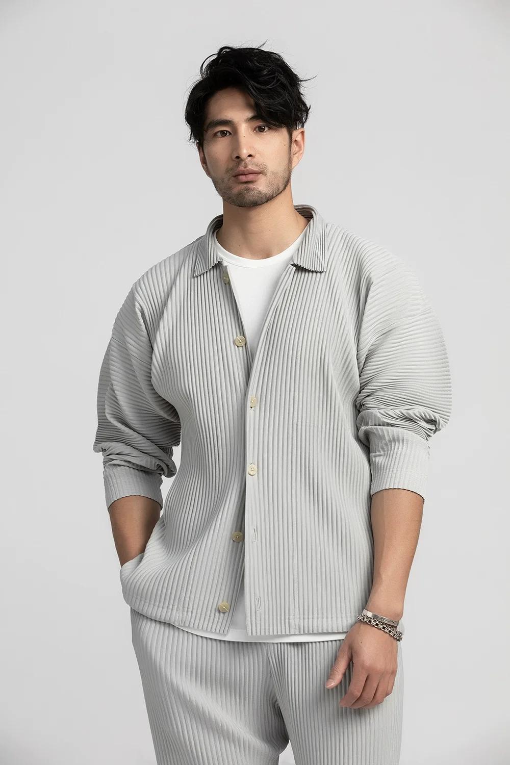 Miyake chemise plissée chemise à revers noir à manches longues t-shirt pour hommes manteau décontrac