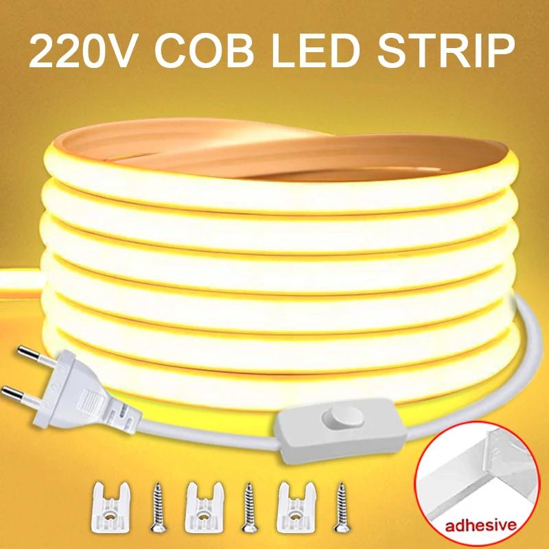 Bande LED COB étanche 220V avec interrupteur marche/arrêt, ruban Flexible pour chambre à coucher, cu