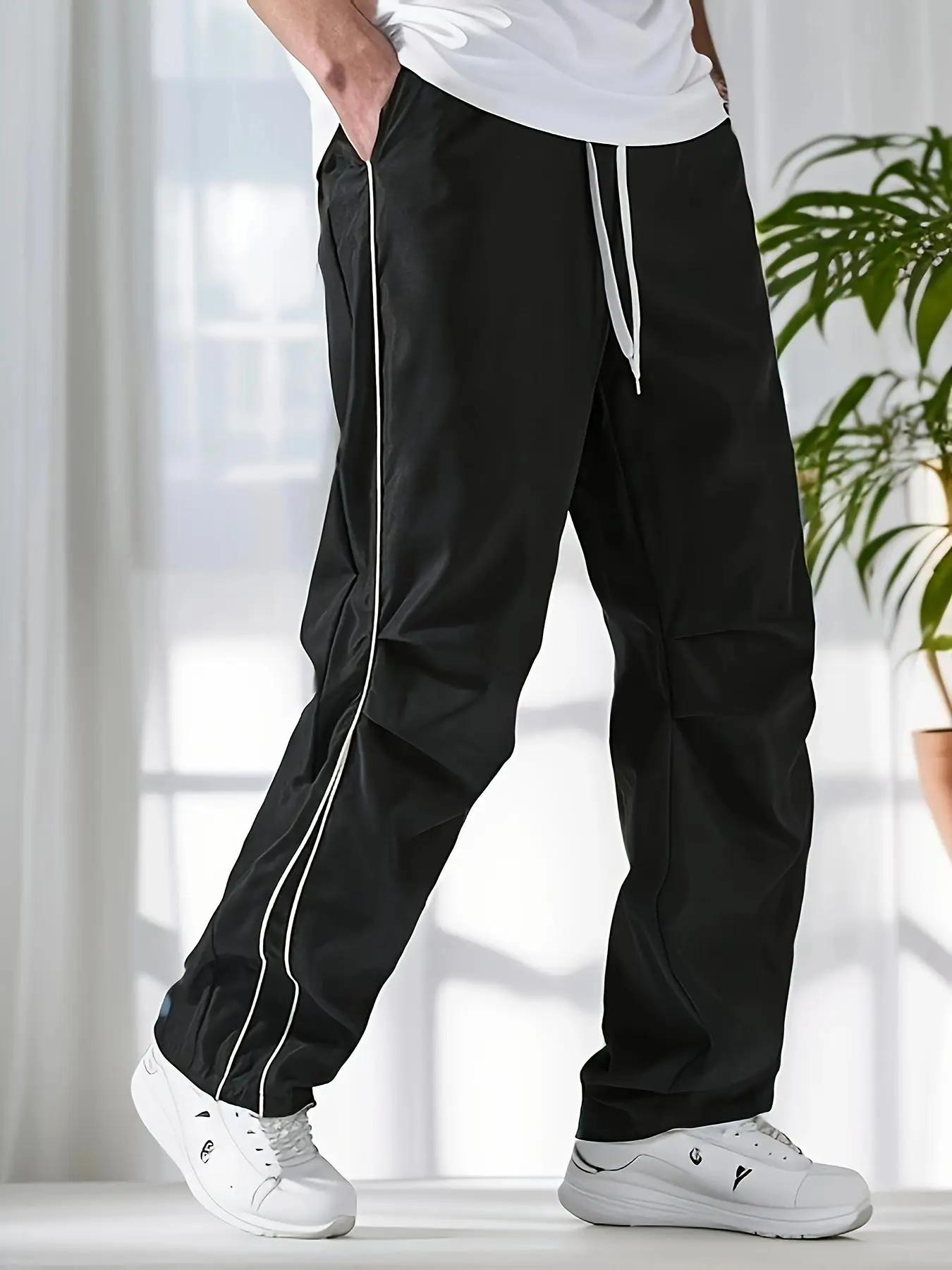 Pantalon droit de sport uni régulier pour hommes avec cordons et ceinture élastique, conception de s