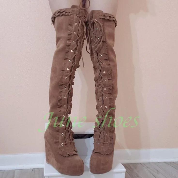 Bottes à talons compensés en daim marron pour femme, style Y2K, élégantes, vintage, gladiateur, poin