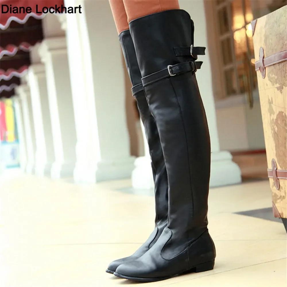 Bottes longues à bout rond pour femmes, bottes au-dessus du genou, ceinture en cuir, chaussures sexy