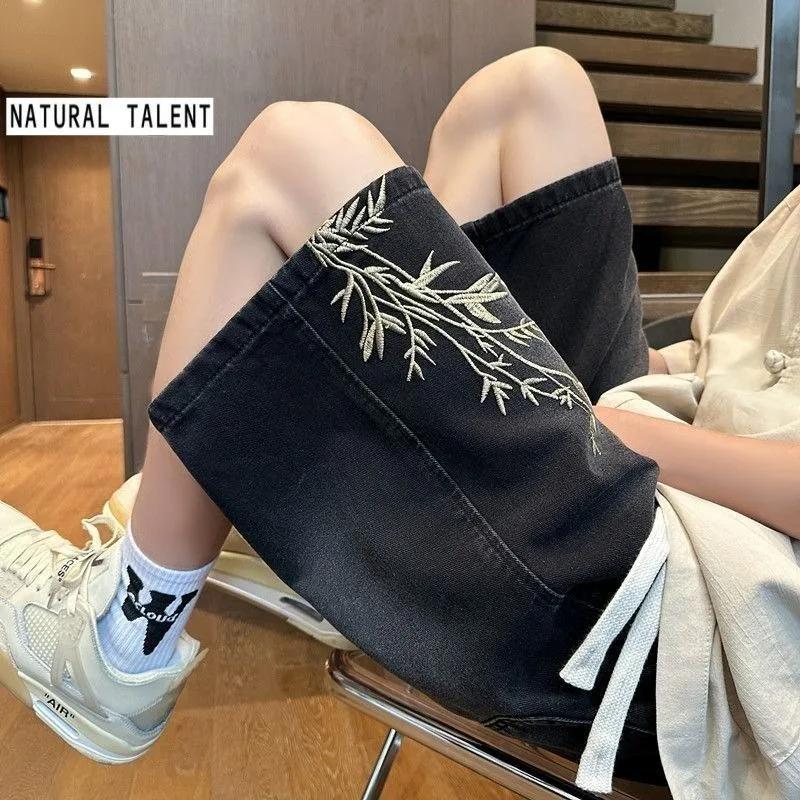Shorts en jean brodés style chinois rétro délavé pour homme, nouvelle collection été 2026, coupe amp