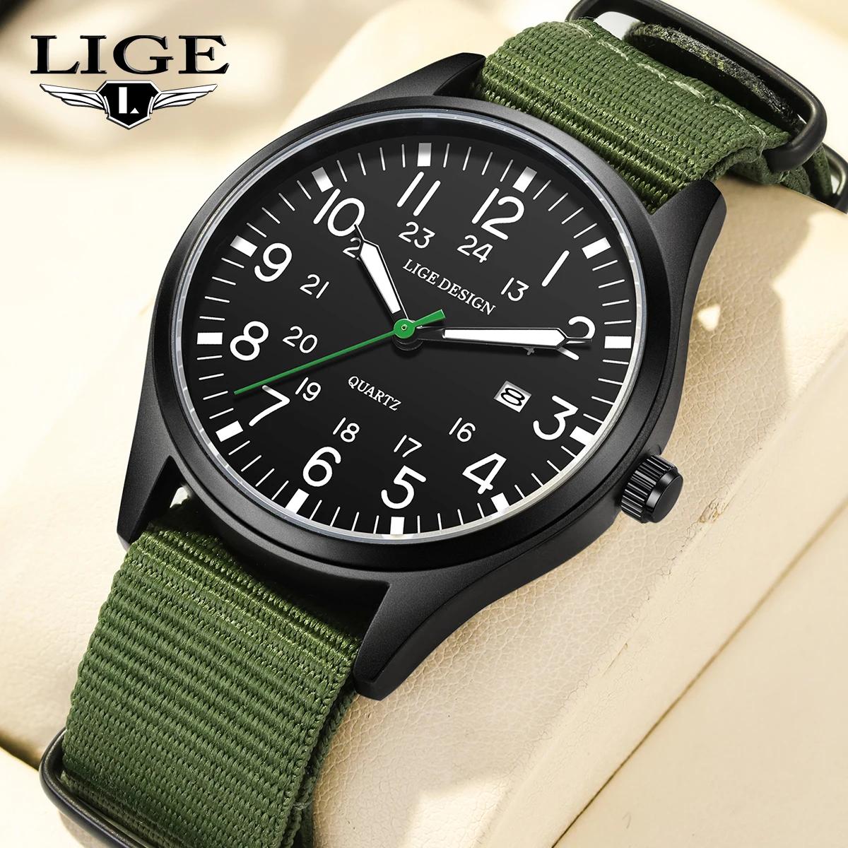 LIGE Top marque de luxe hommes montre à Quartz Date Nylon cuir étanche lumineux militaire sport mont