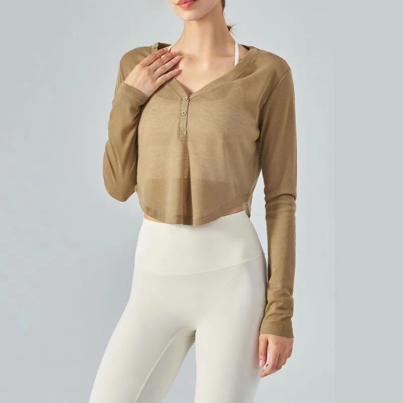T-shirt à manches longues et col en v pour femme, vêtement Simple et Simple, résistant au soleil