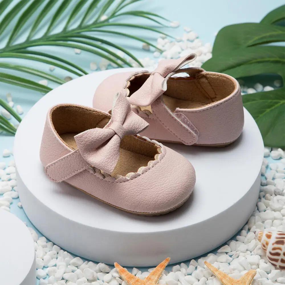 Chaussures de marche rétro pour nouveau-né, chaussures de princesse avec nœud de couleur unie, antid