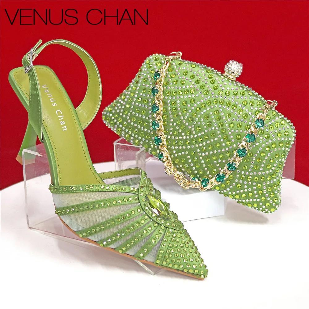 Ensemble de sacs à main élégants à talons verts et strass pour femmes, vert fruit, Design italien po