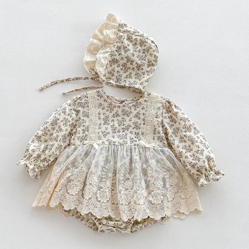 Body chapeau nouveau-né fille coton imprimé dentelle combinaison bébé printemps automne