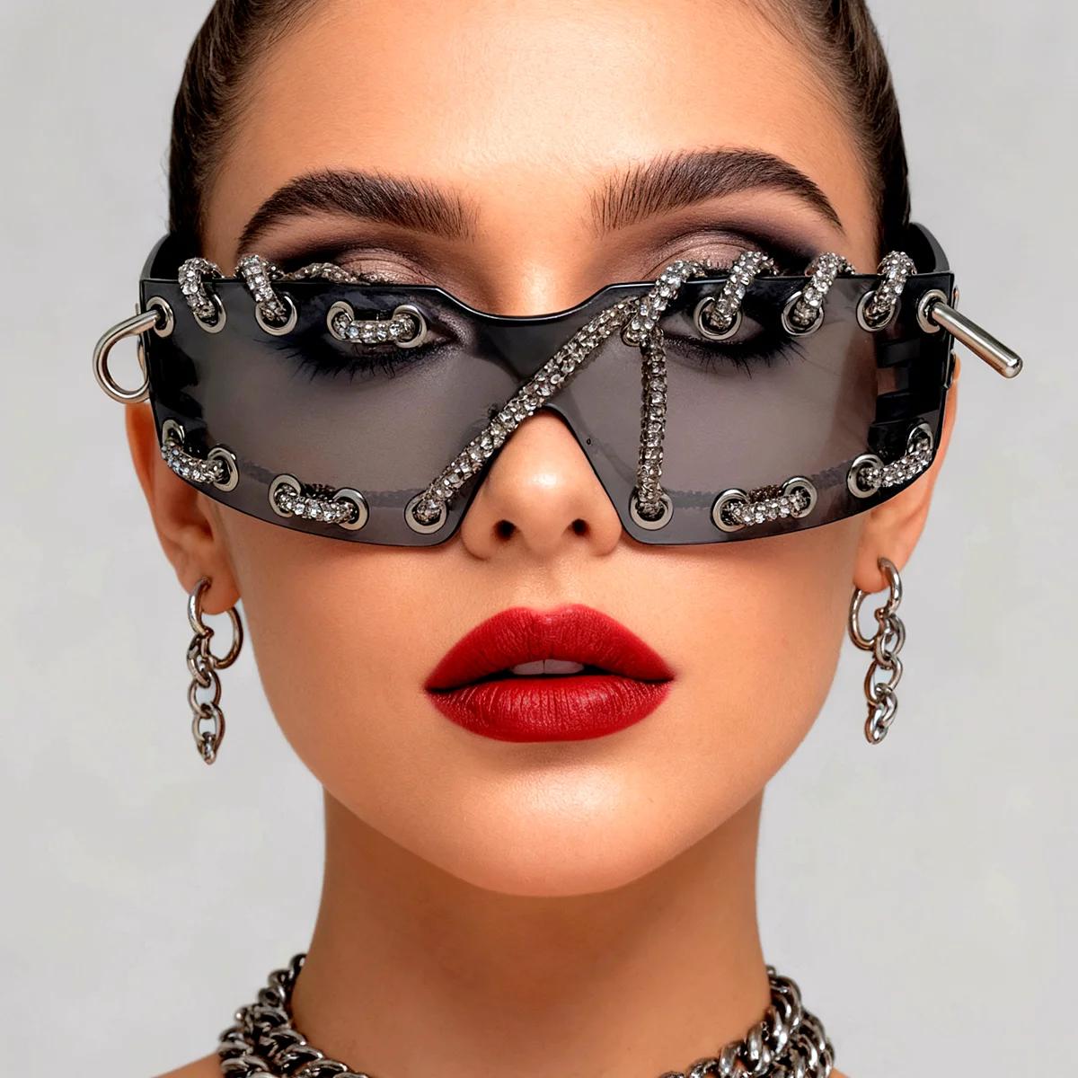 Lunettes de soleil Punk Y2k pour femmes, sans monture, avec chaîne en cristal, lunettes de soleil mo