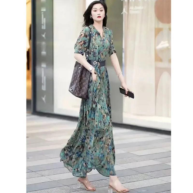 Robe longue imprimée à manches mi-longues pour femmes, robes à col en V, laçage taille haute, vêteme
