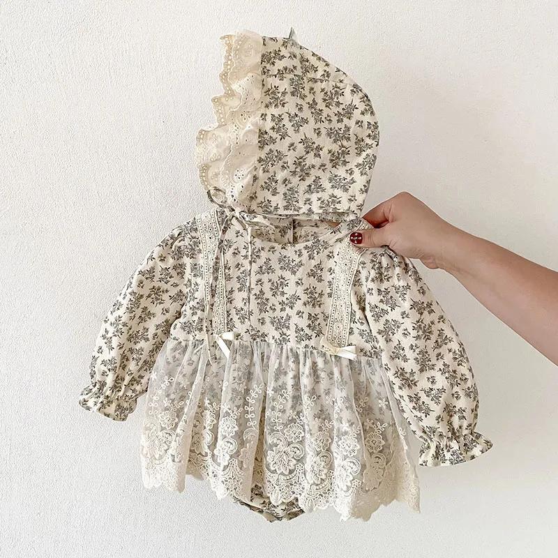 Body chapeau nouveau-né fille coton imprimé dentelle combinaison bébé printemps automne