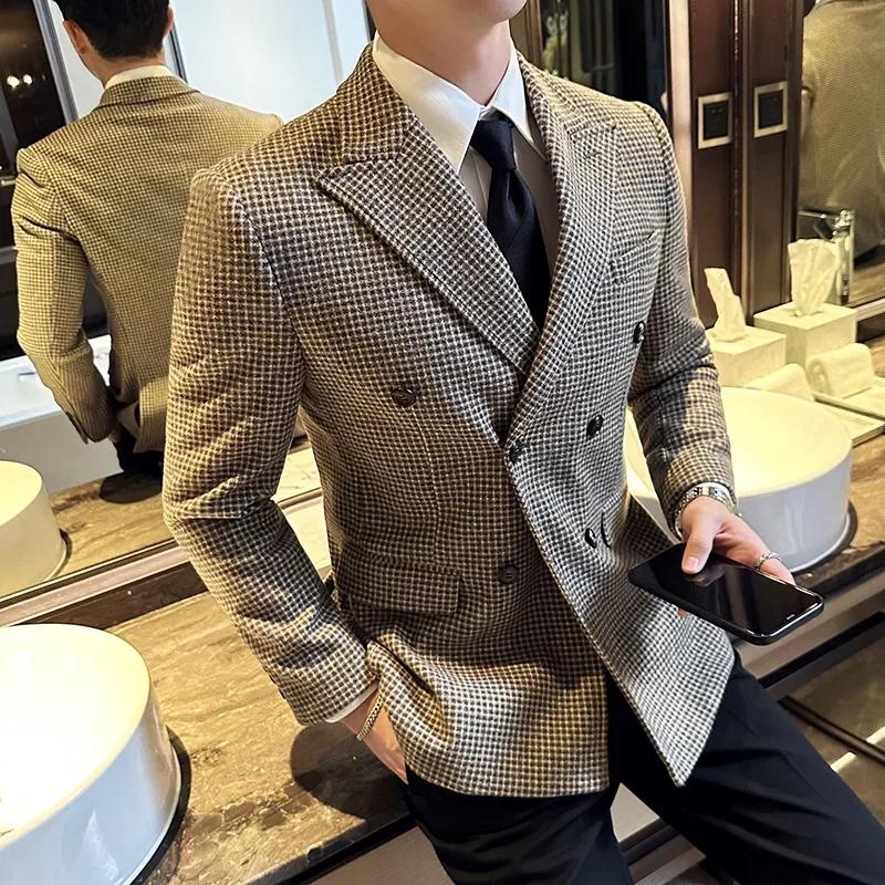 Blazer pied-de-poule pour hommes, Style britannique, Double boutonnage, coupe cintrée, veste de cost