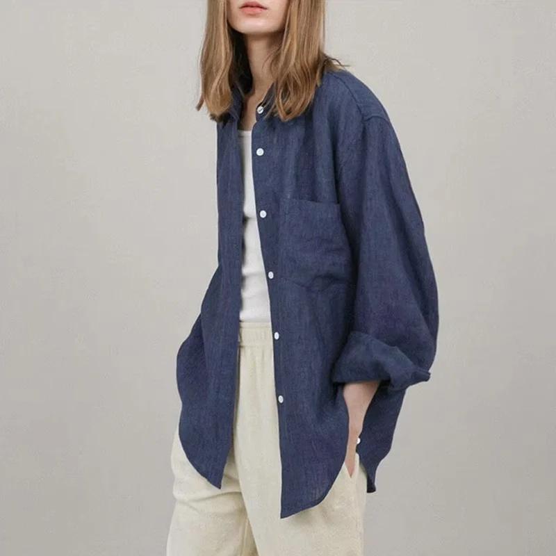 Chemisier surdimensionné à col rabattu pour femme, chemise décontractée en lin, manches longues, élé