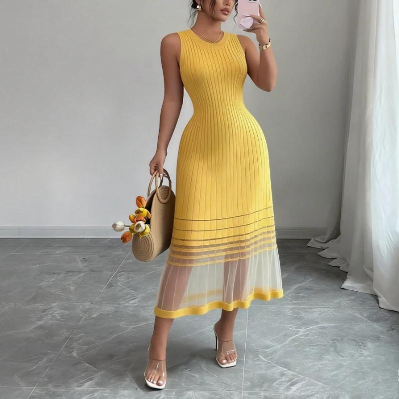 Robe midi décontractée pour femme, sans manches, col rond, en maille élastique, avec ourlet transpar