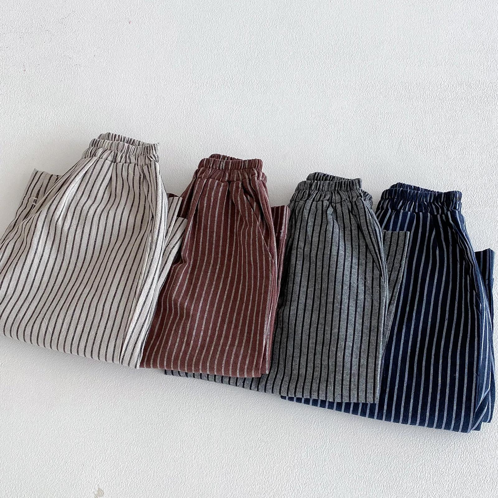 Pantalons en lin et coton à rayures pour garçons et filles, vêtements pour enfants, automne et print