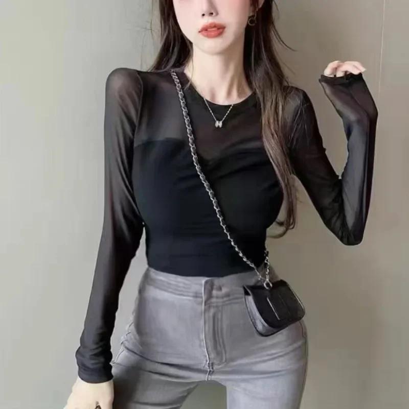 Femmes Chic maille transparente Patchwork à manches longues haut court mince Sexy coréen T-shirt mod