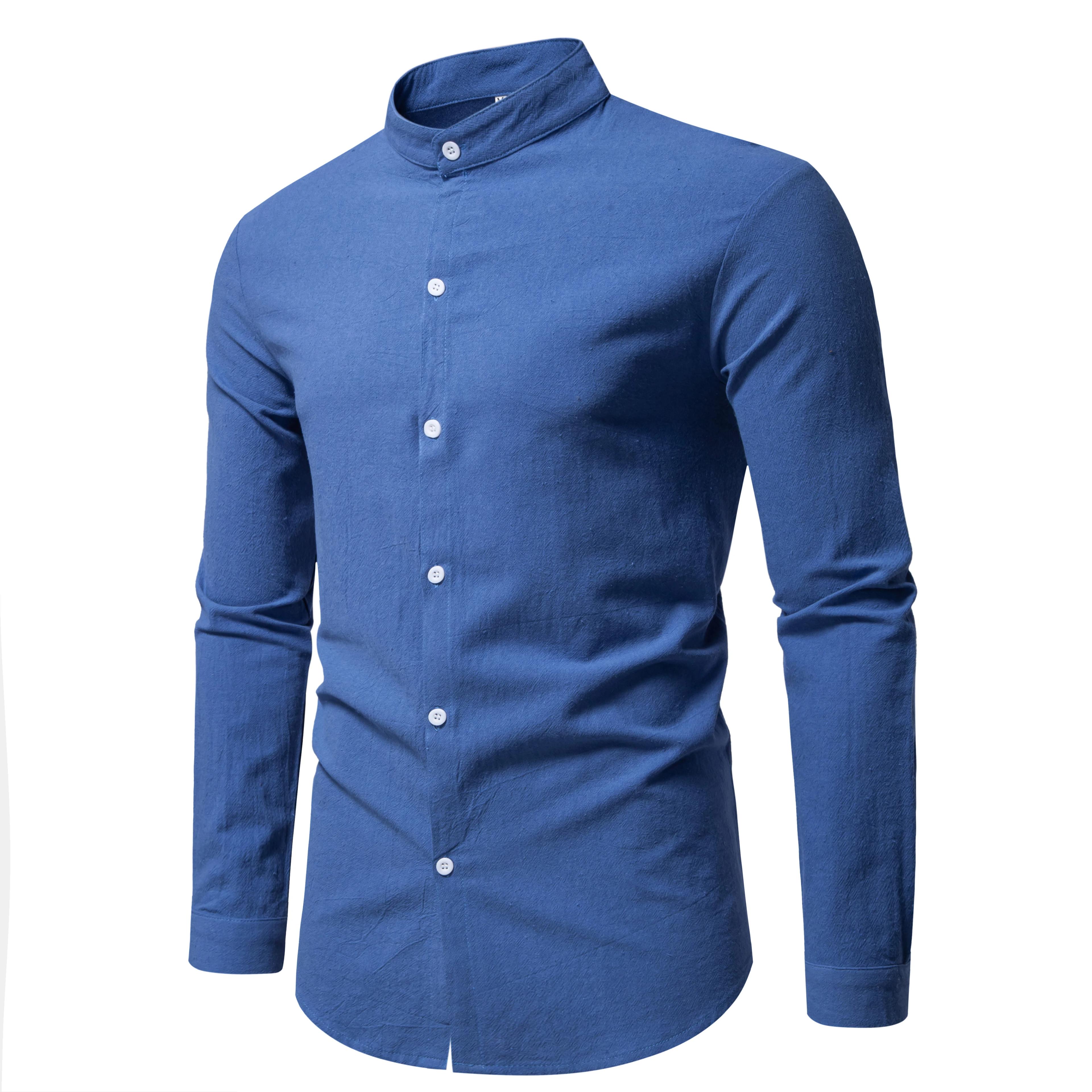 Printemps hommes à manches longues col montant couleur unie chemise décontractée hommes pur coton mo