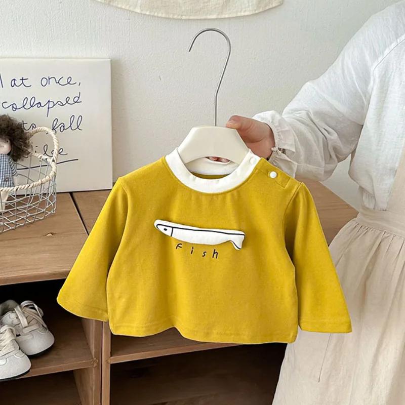 T-shirt à manches longues pour enfants de 6 mois à 4 ans, motif poisson jaune, respirant et doux, po