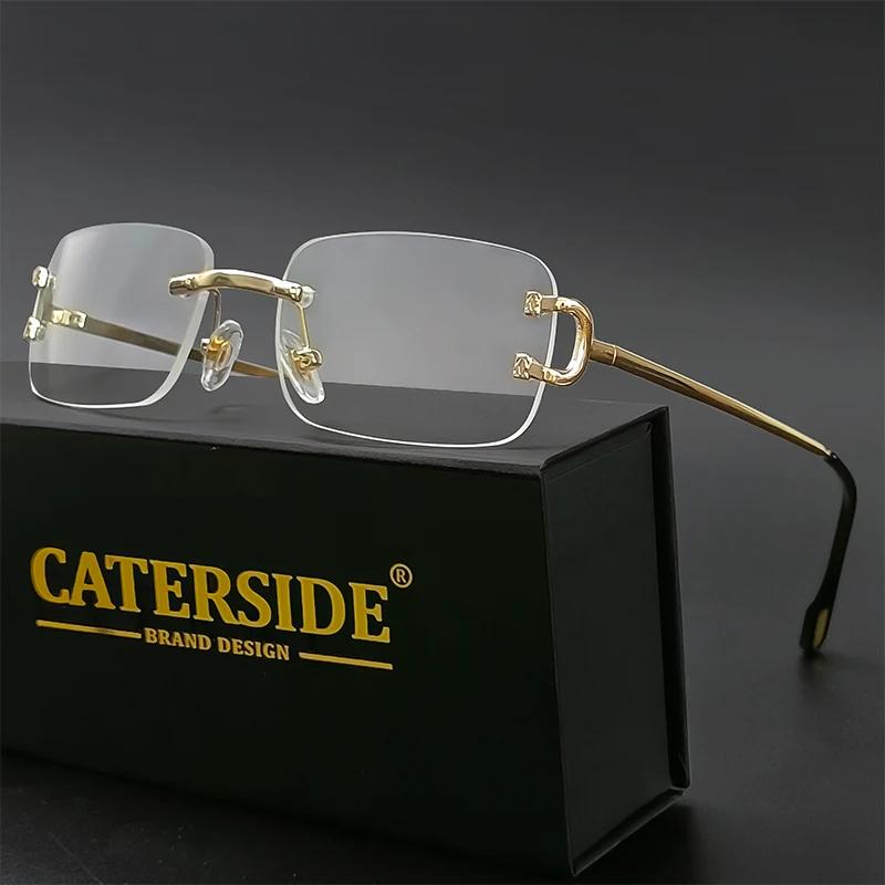 CATERSIDE bleu rectangulaire lunettes de soleil hommes sans monture en métal mode carré lunettes de