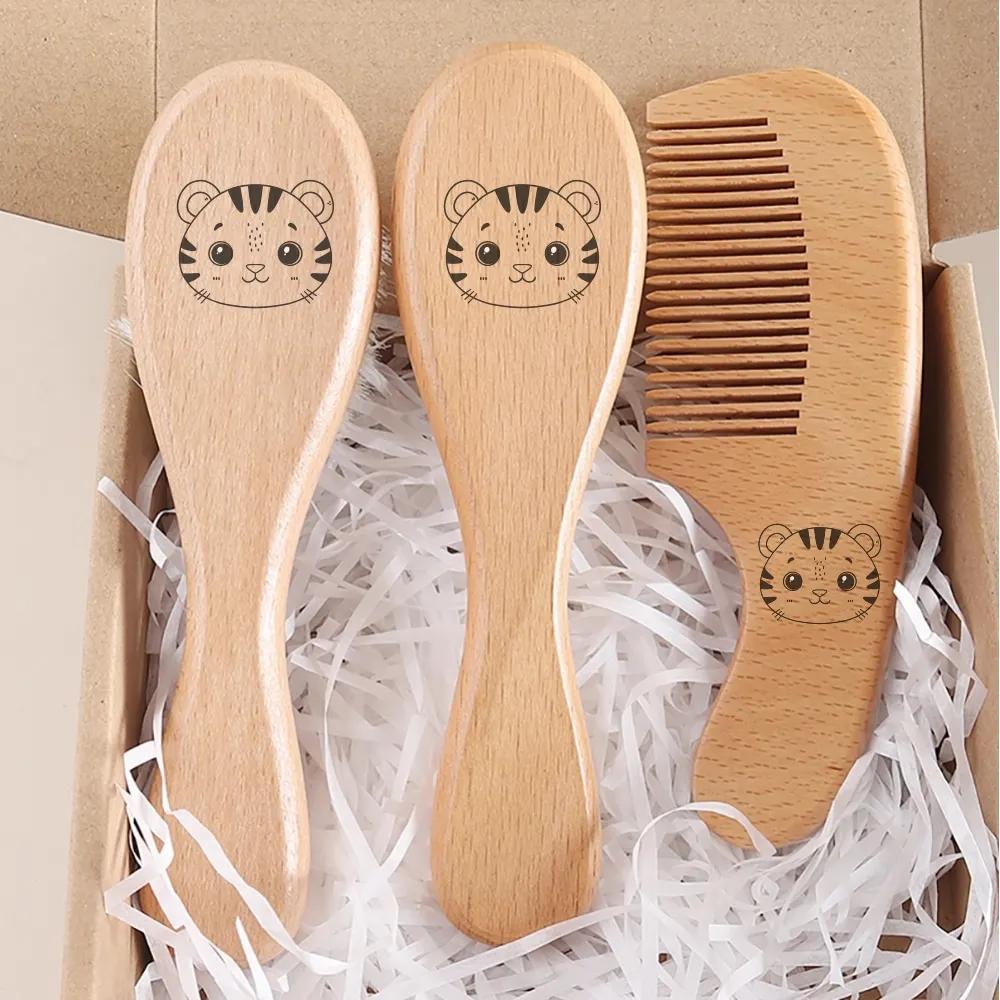 3 pièces ensemble gravure panda bébé peigne brosse ensemble nouveau-né coffret cadeau laine naturell