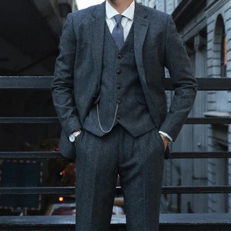 Costume trois pièces rétro britannique Yuppie pour hommes, Style Peaky Blinders, en laine Tweed, à c