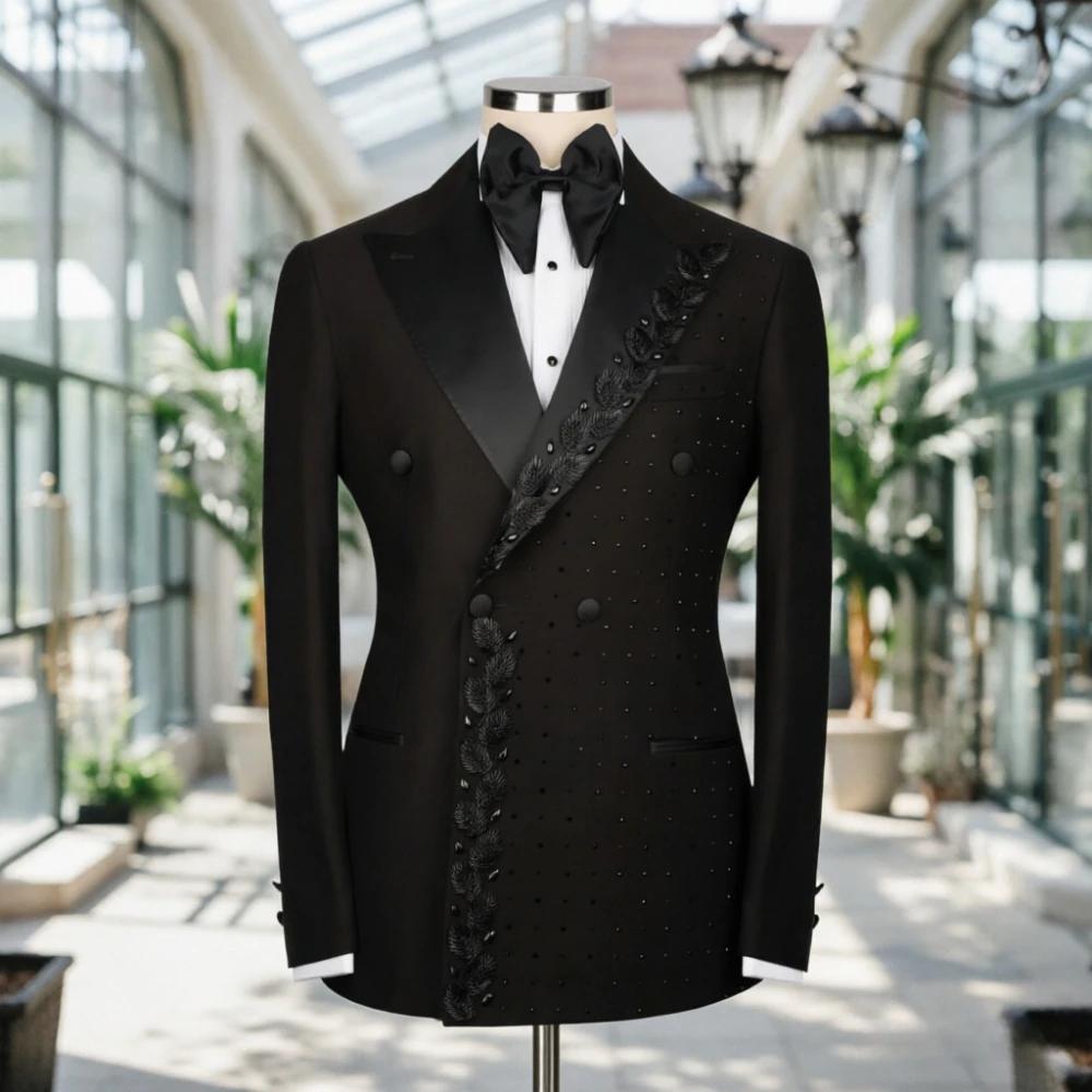Costume Homme Perlé Brodé Noir Texturé Croisé Coupe Slim Formel pour Mariage, Bal de Promo, Dîner, S